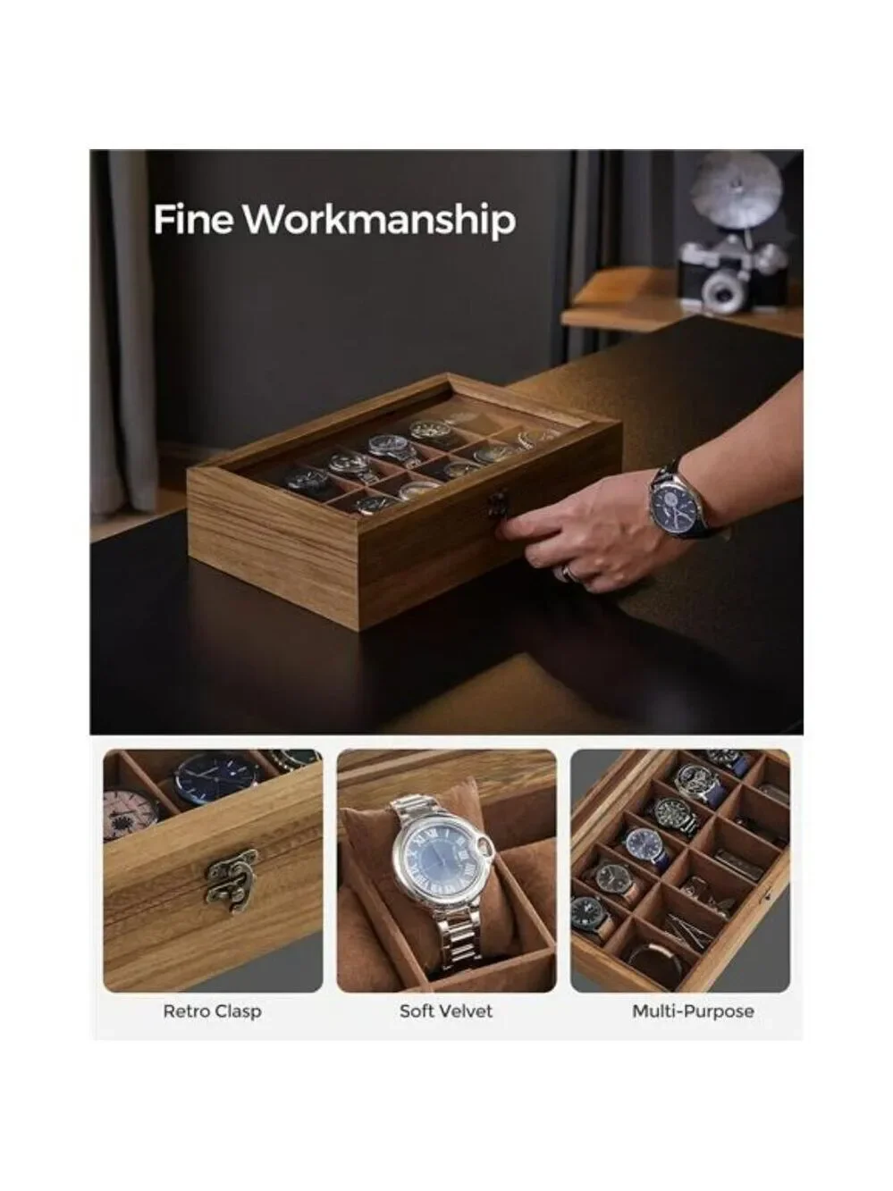 Wood Watch Box Organizer 12 Slot Glass Lid Display Case Rustic Walnut Storage